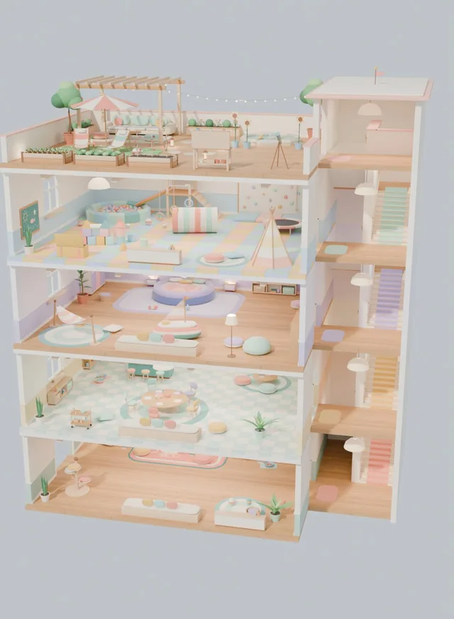 ART-002 多樓層娃娃屋剖面：四層室內與屋頂